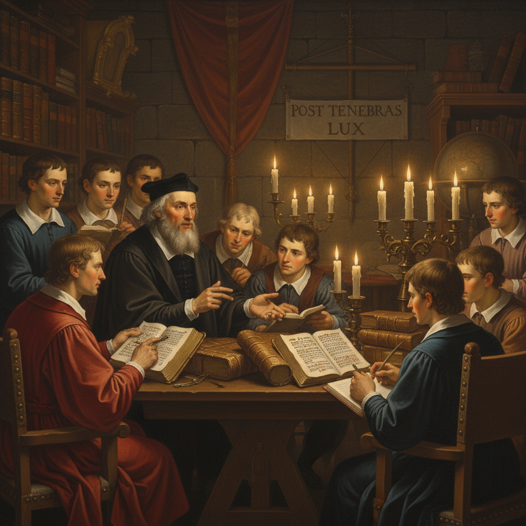 John Calvin teaching disciples in Geneva